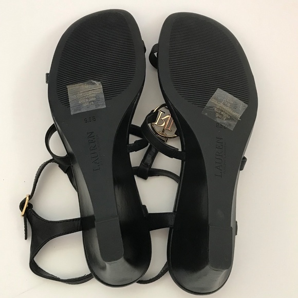LAUREN RALPH LAUREN Elina Leather Heeled Wedge Sandals Black Women’s Size 9.5 - Picture 13 of 16